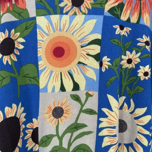 NorthStyle Sweater Womens Large Sunflower Floral Pullover Blue Beige Knit Boho L - Picture 10 of 12